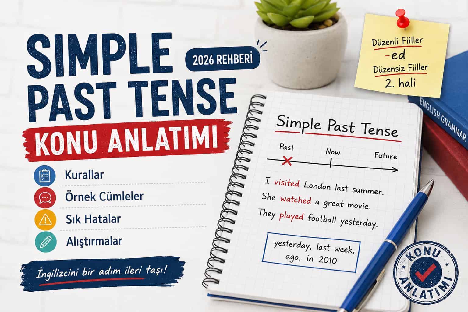 Simple Past Tense Konu Anlatımı (2026 Rehberi): Kurallar, Örnek Cümleler, Sık Hatalar ve Alıştırmalar